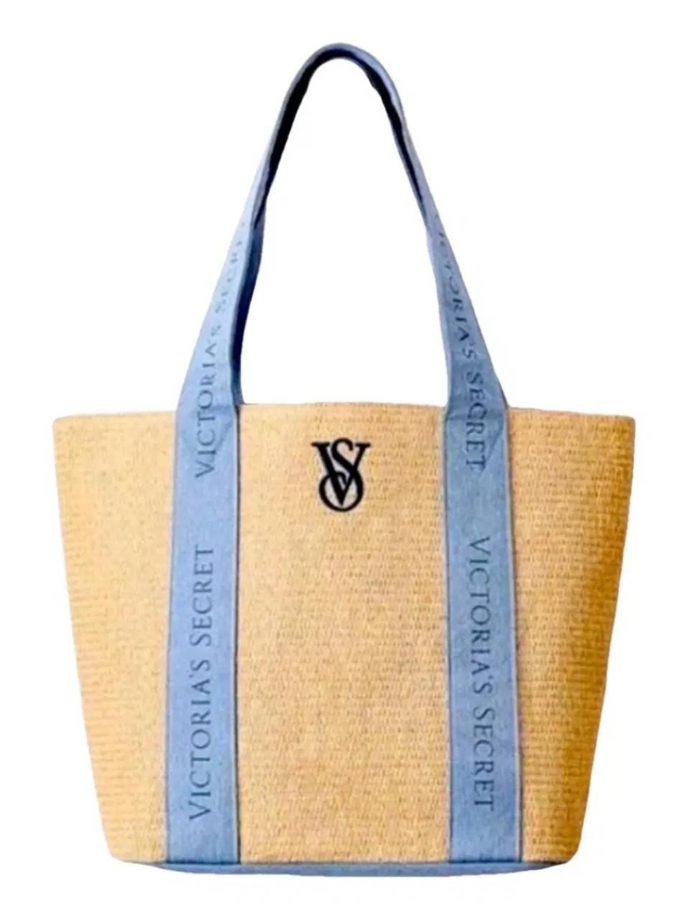 Victoria's Secret Natural Straw Tote with Light Blue Straps